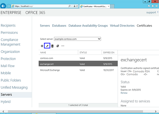 请返回到Exchange管理中心的“证书”部分选中要使用的证书
