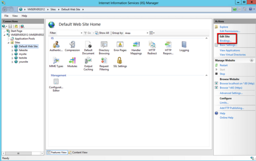 右侧的【操作】菜单中单击【绑定】SSL证书